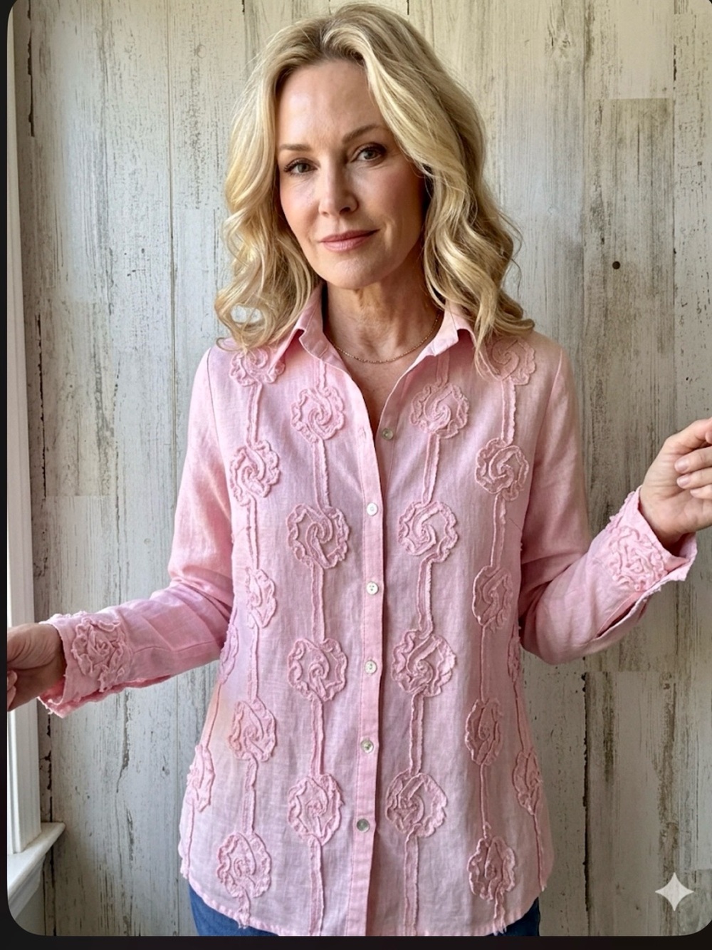 Carole Little Pink 100% Linen Blouse Size M Floral Embroidery